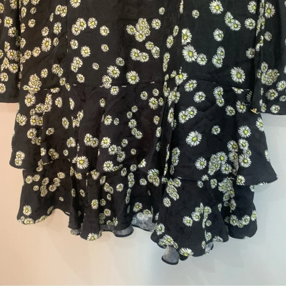 Brogger Dress Nancy Mini Ruffle Tiered Long Sleeve in Black Daisy Floral